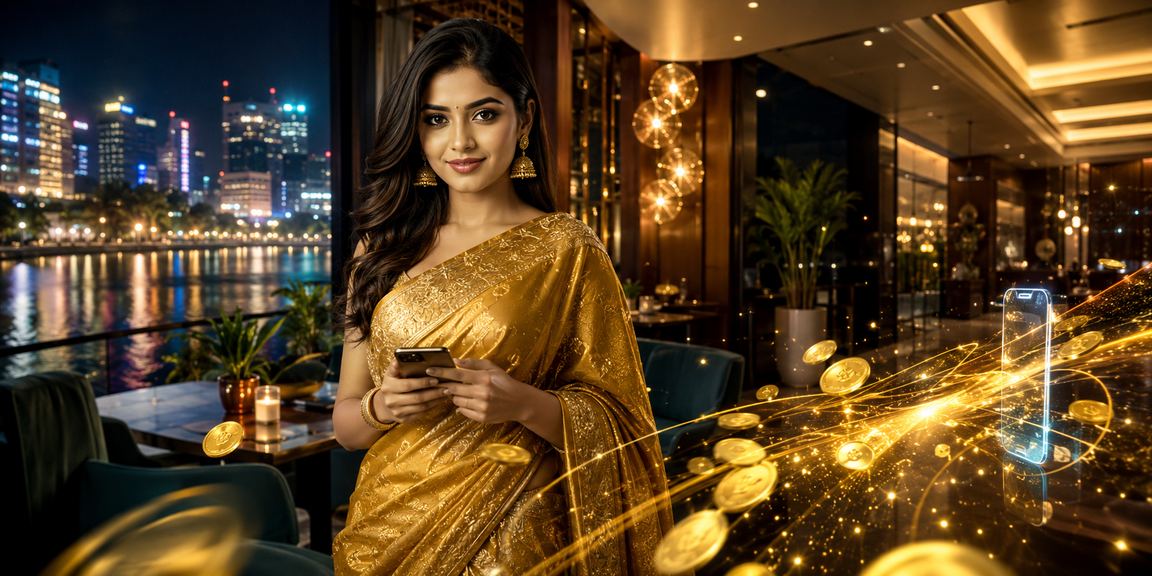 ঢাকায় শাড়ি পরা একজন নারী am5 - এ ডিপোজিট বোনাস ভাউচার ব্যবহার করছেন